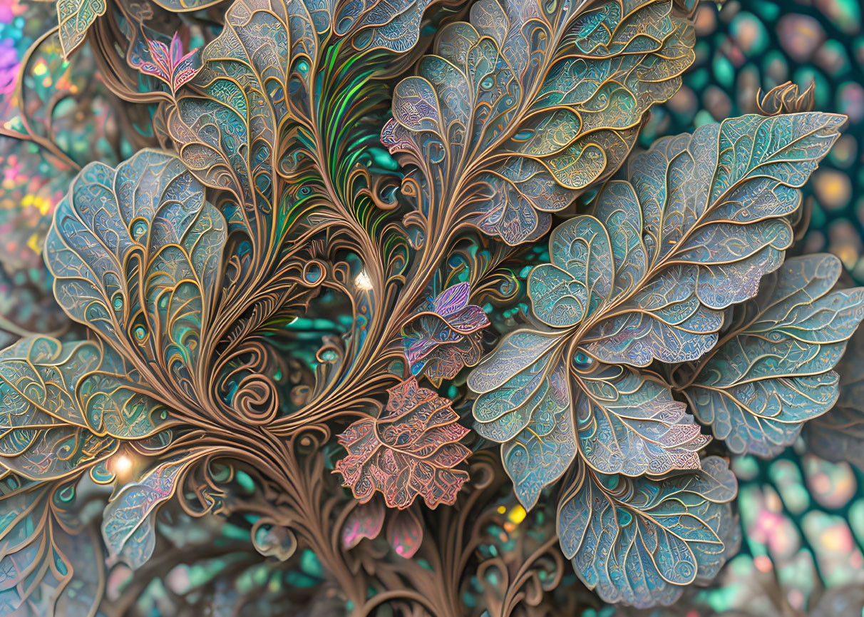 Fractal artwork of a copper and teal tree with intricate leaf patterns