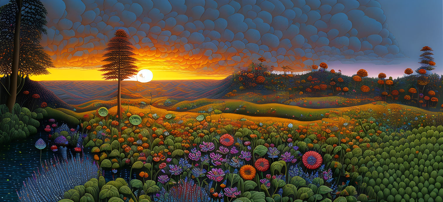Vibrant flowers and rolling hills under a stylized sunset with dreamlike clouds
