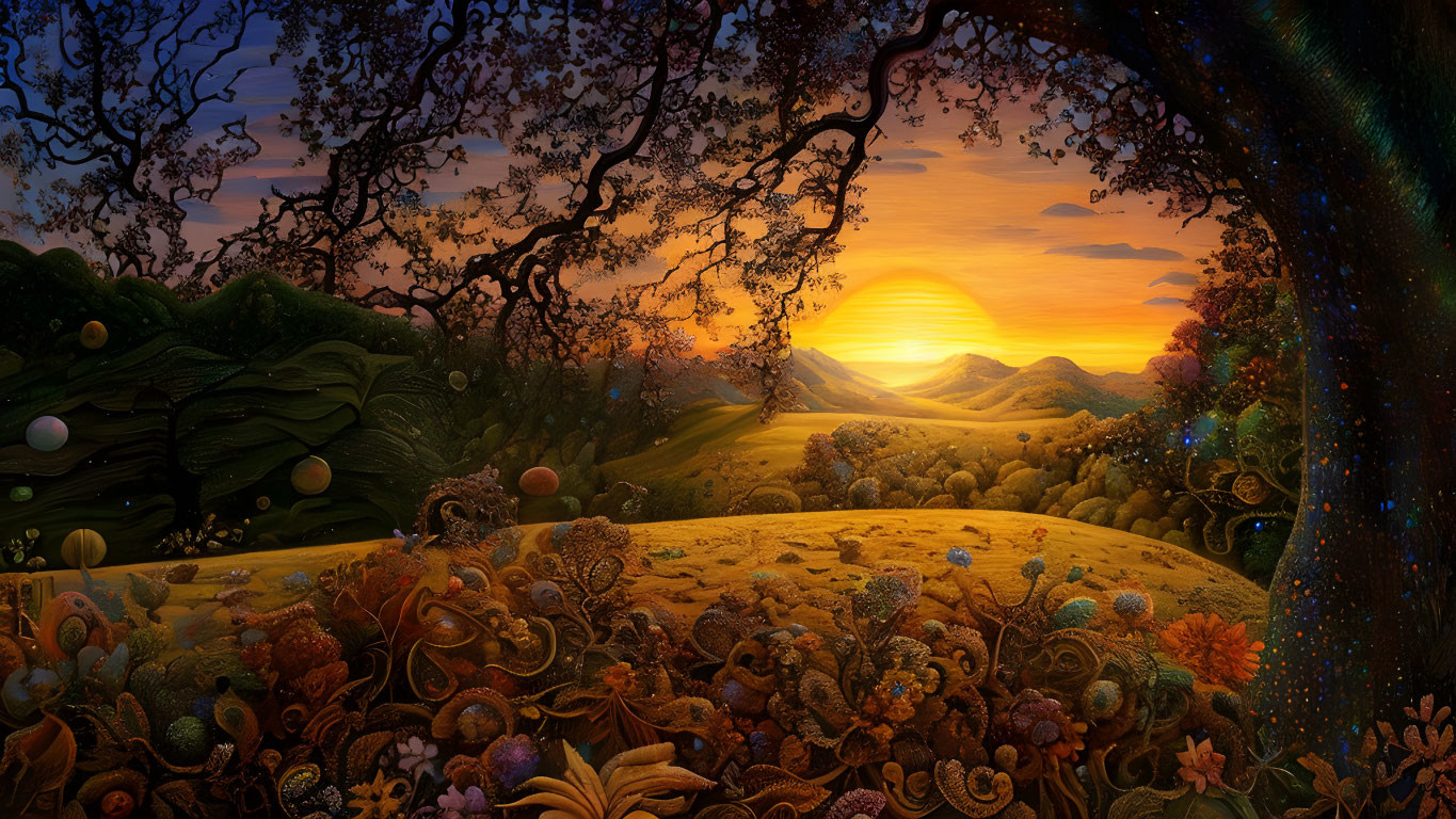 Colorful sunset landscape with vibrant flora and rolling hills at twilight