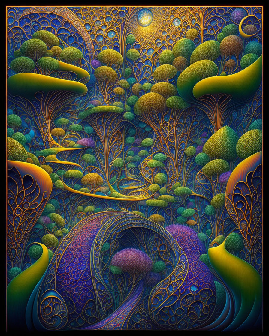 Intricate fractal artwork of forest with mushroom-like trees