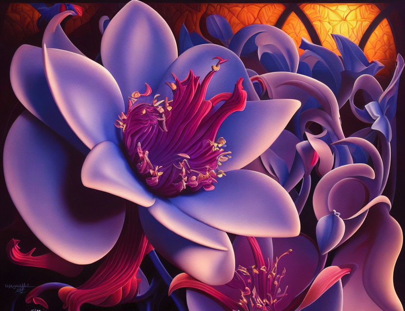 Colorful Stylized Painting of Large Purple and Blue Flower