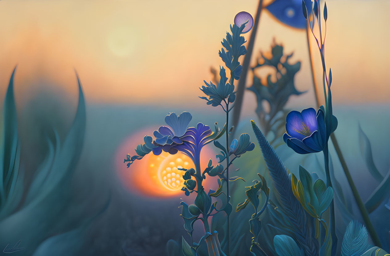 Tranquil wildflowers and plants against vibrant sunrise or sunset