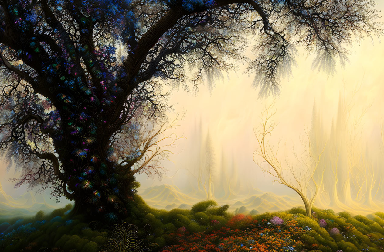 Colorful forest scene with large tree, flowers, and misty background