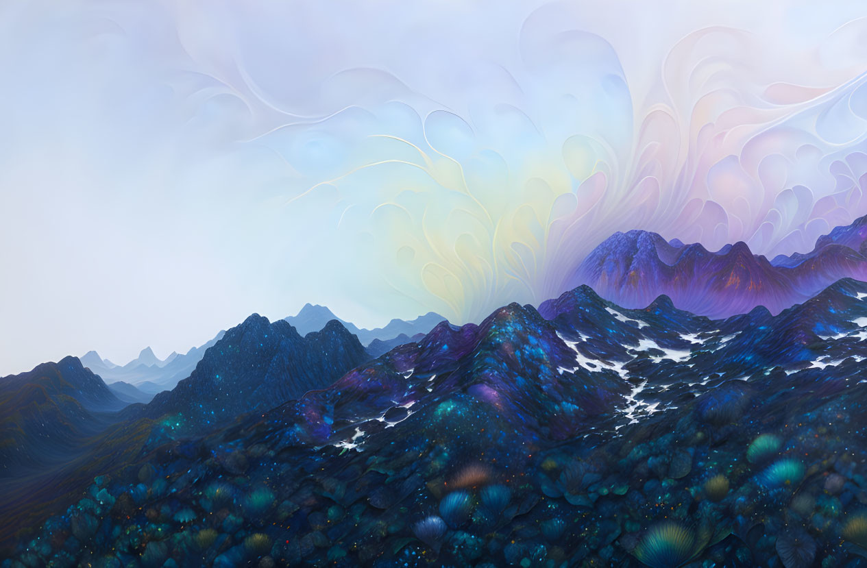 Colorful surreal landscape with mountains under a whimsical sky.