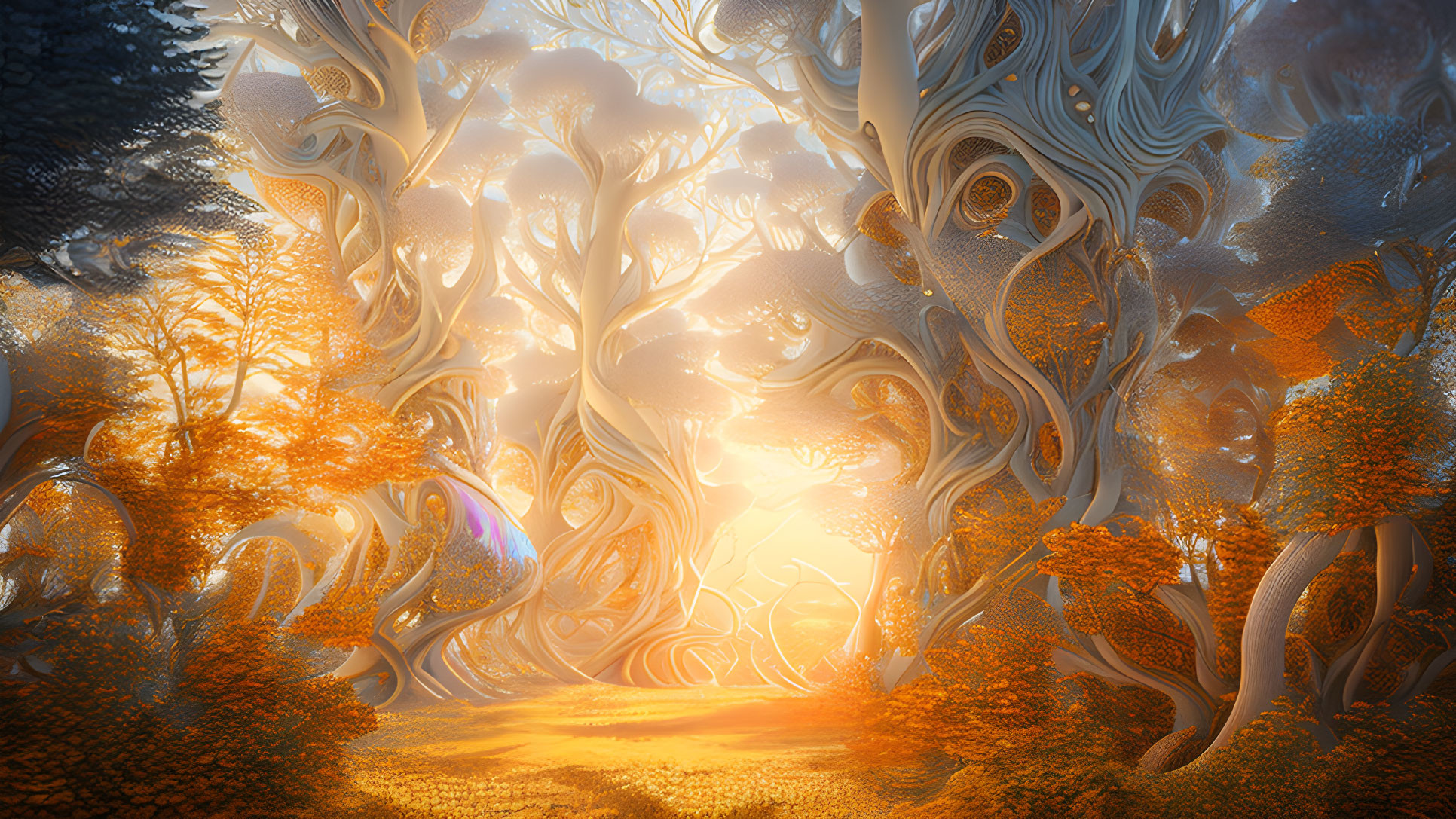 Surreal Enchanted Forest with Swirling Trees in Golden Sunlight
