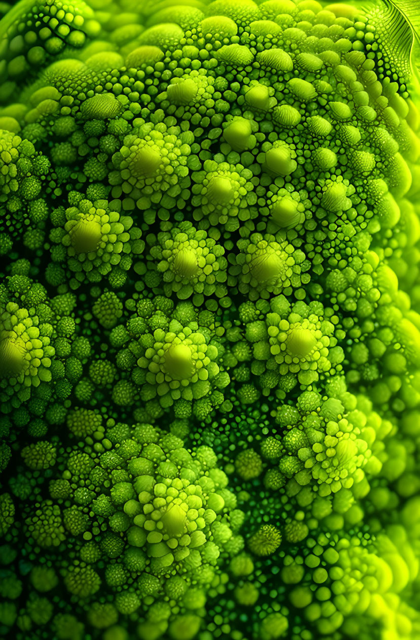 Detailed Close-Up of Green Fractal Structure with Spherical Clusters