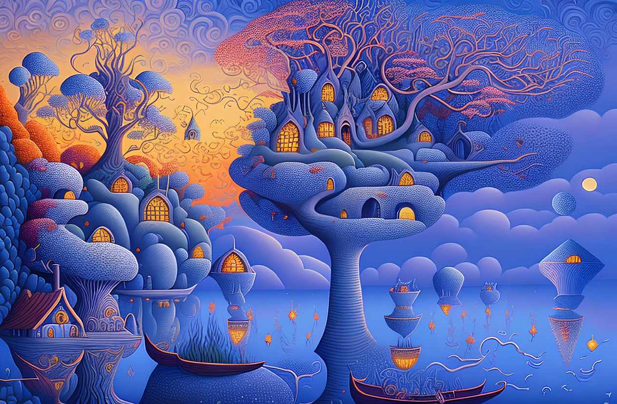Fantastical landscape with whimsical trees and illuminated houses