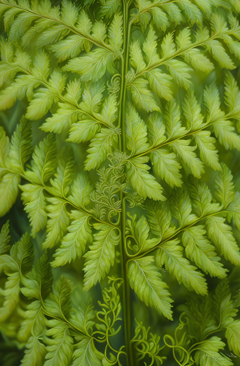 Detailed Fern Leaves with Central Stem on Soft Green Background