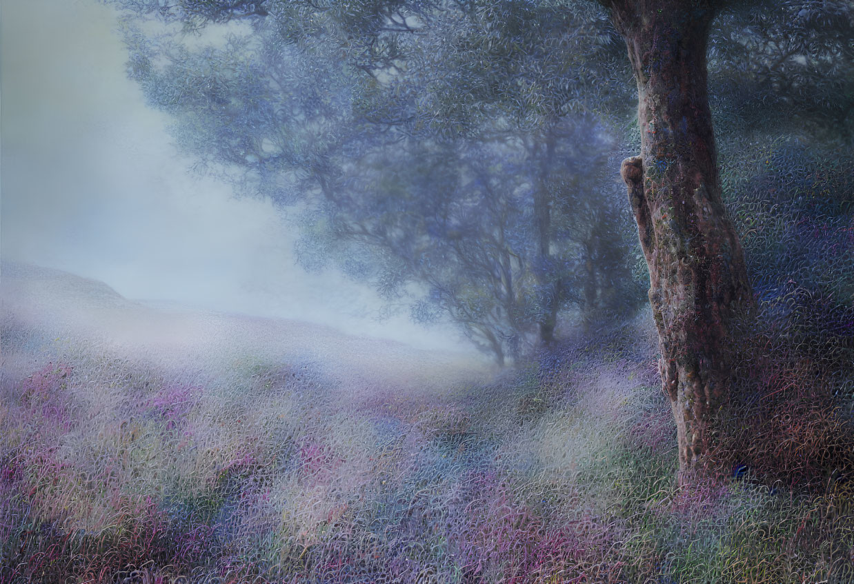 Mystical landscape with tree, colorful flowers, and misty atmosphere