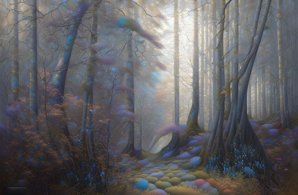 Mystical forest with blue and purple foliage and glowing light