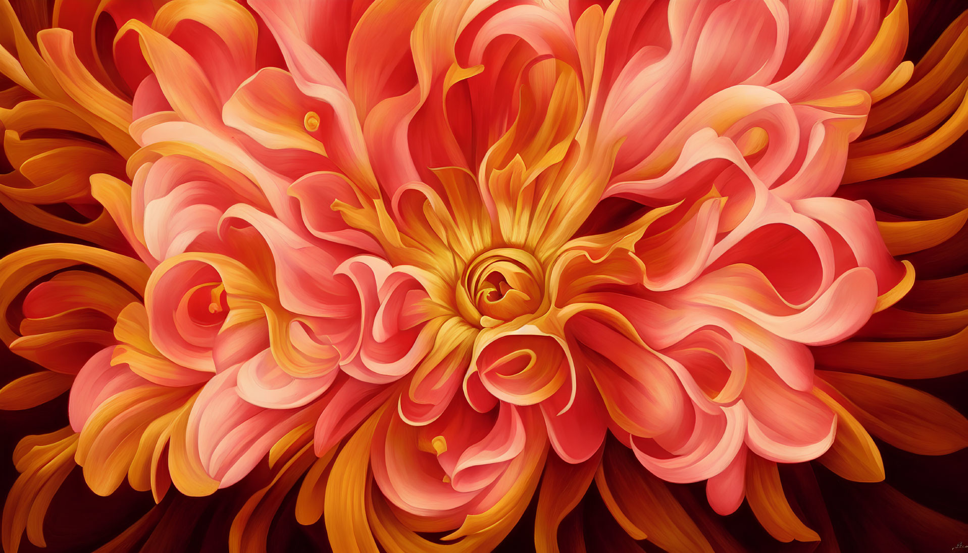 Detailed red and orange flower digital artwork with swirling petals