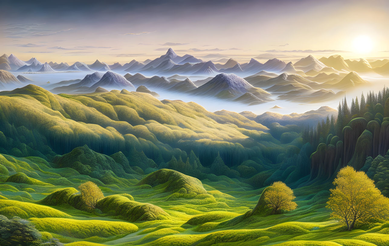Tranquil landscape with green hills, forests, and sunrise