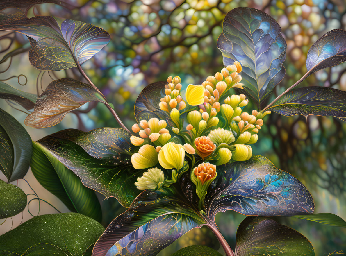 Colorful digital artwork featuring stylized iridescent plants and flowers on bokeh background