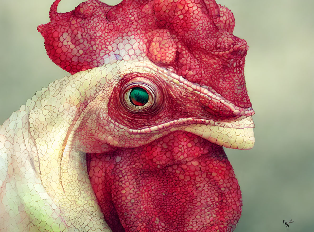 Detailed Rooster-Like Creature Illustration with Textured Red and Pink Skin & Green Eye