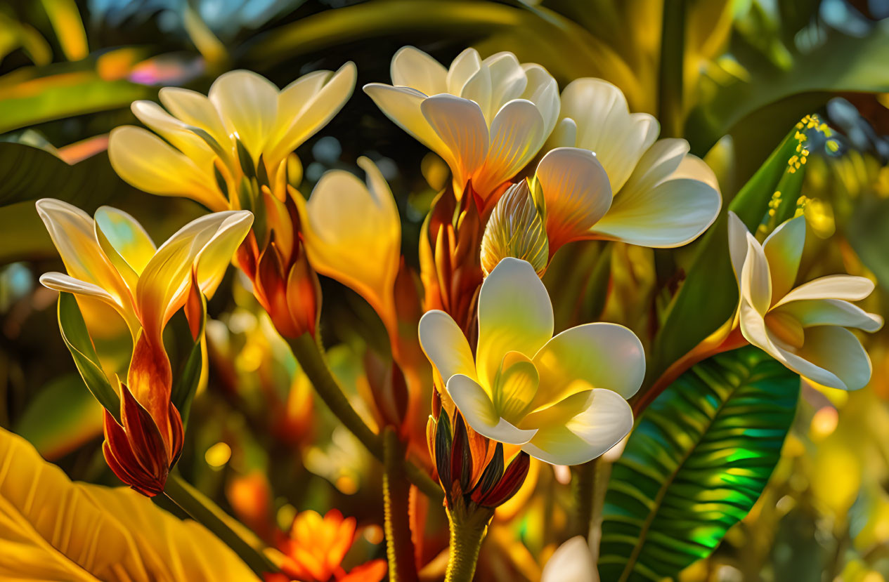 Cluster of Vibrant Frangipani Flowers in Warm Sunlight