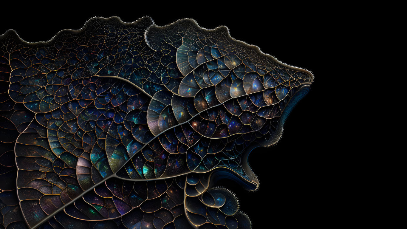 Colorful fractal leaf pattern on black background