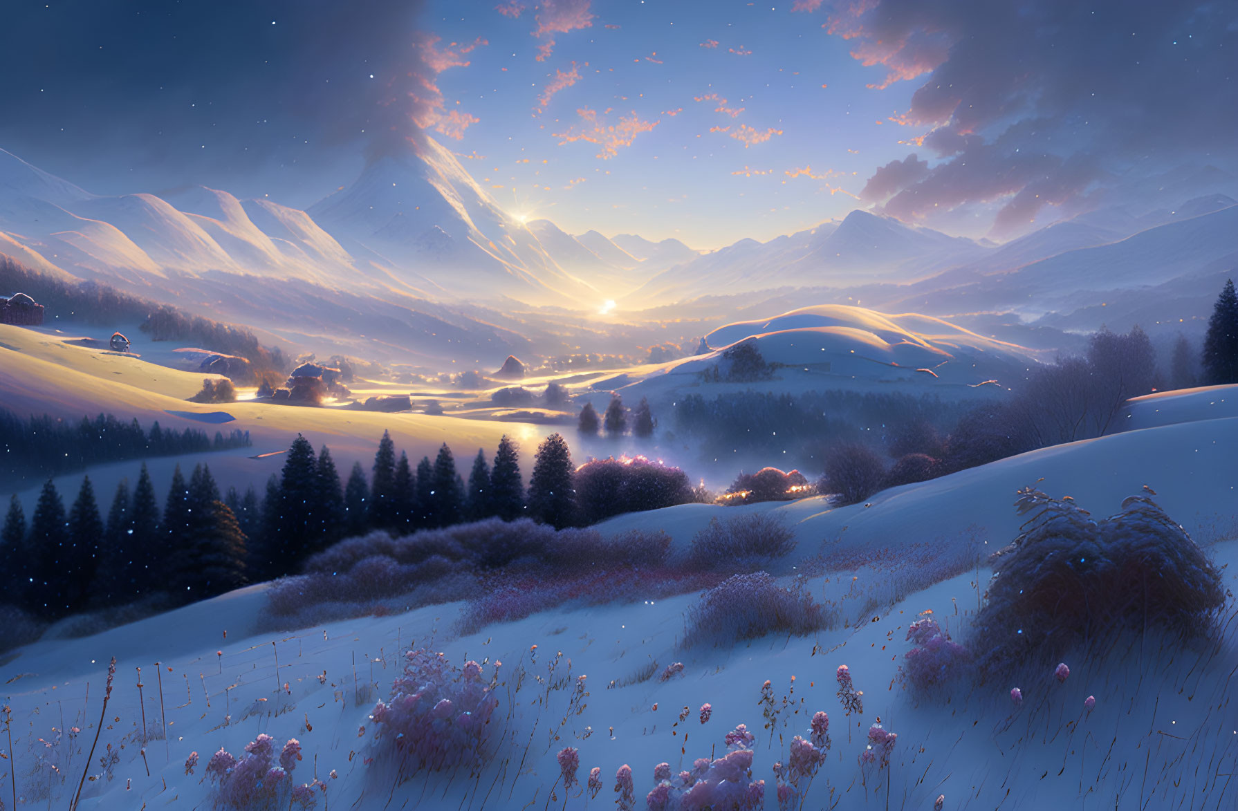Snow-covered hills and village at sunrise in serene winter landscape