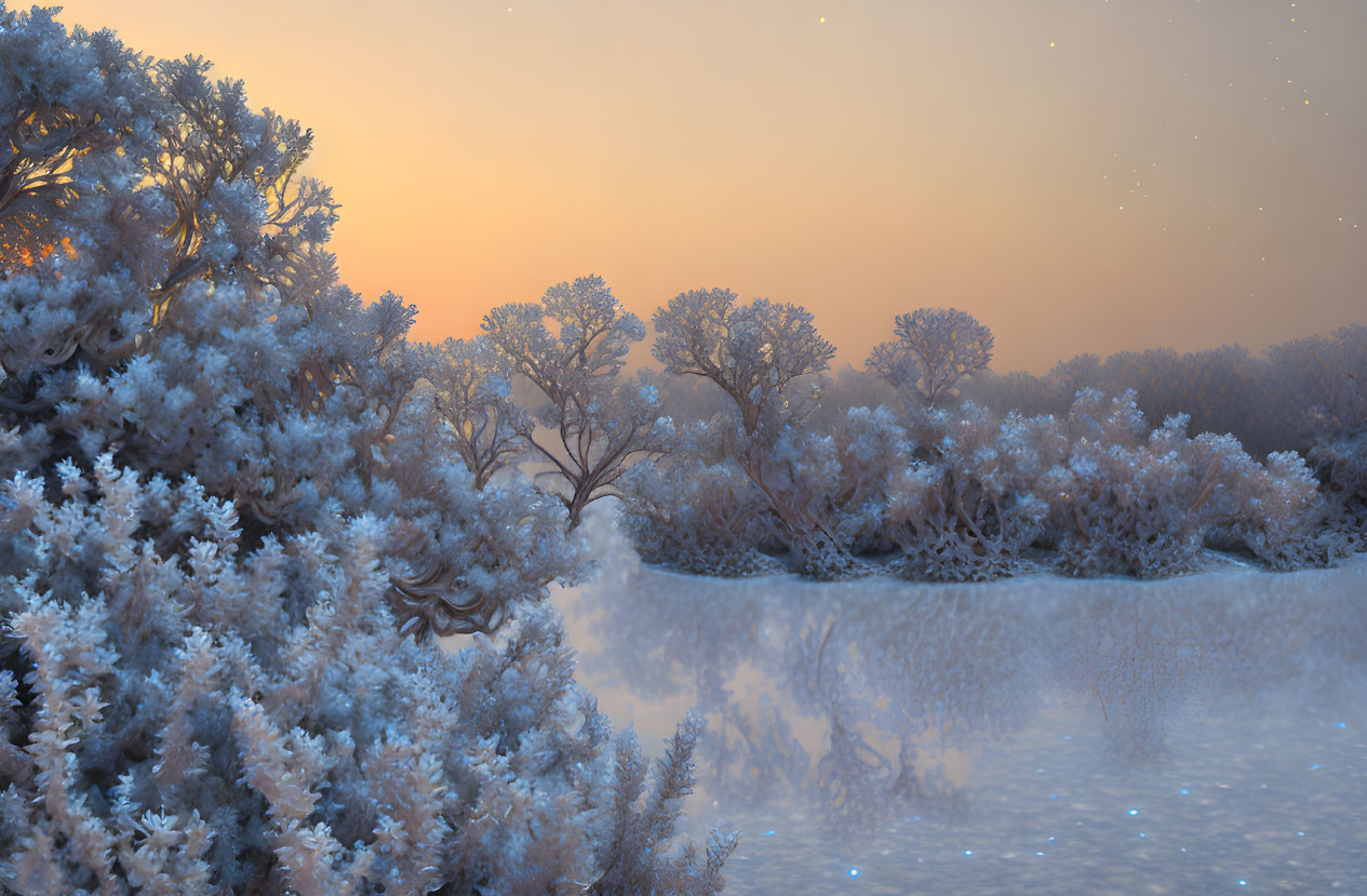 Tranquil winter dusk: frosted trees, warm sky, calm water.