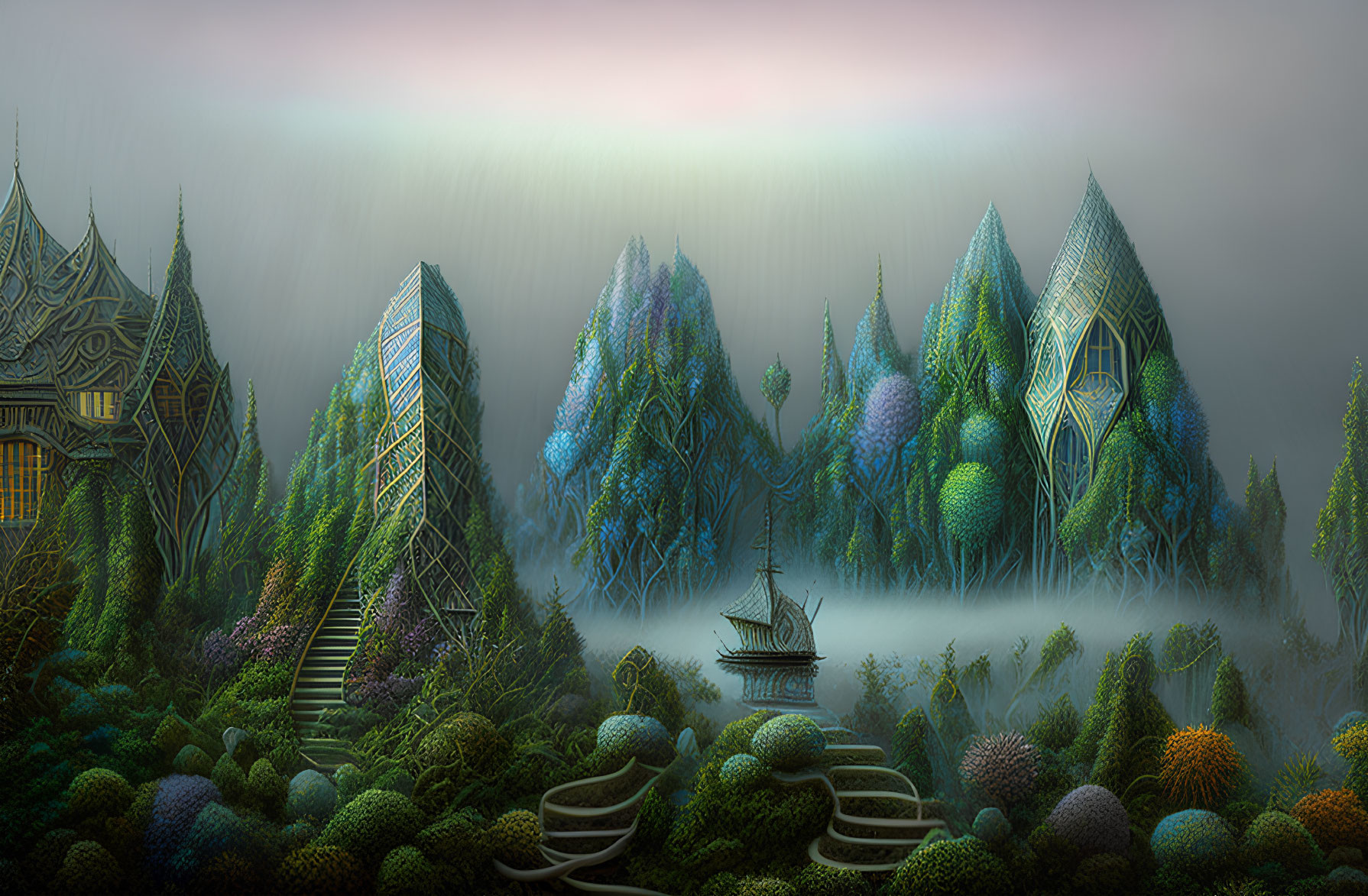 Ethereal forest scene with nature-inspired buildings and pagoda