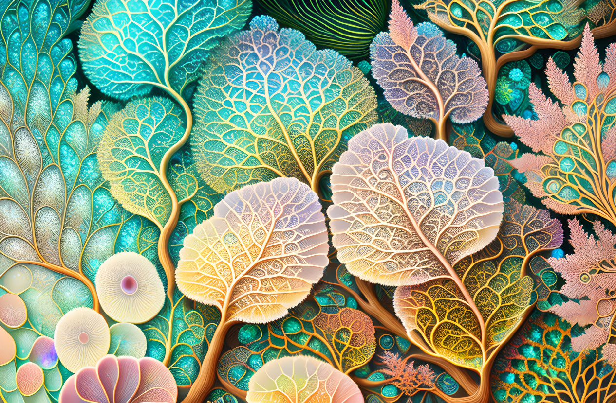 Detailed illustration of intricate leaf-like patterns in vibrant colors
