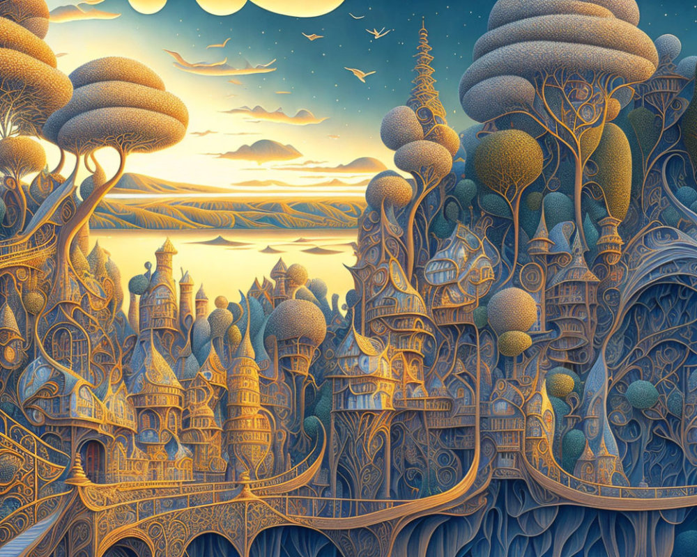 Surreal architecture blending organic and ornate structures in a fantastical landscape