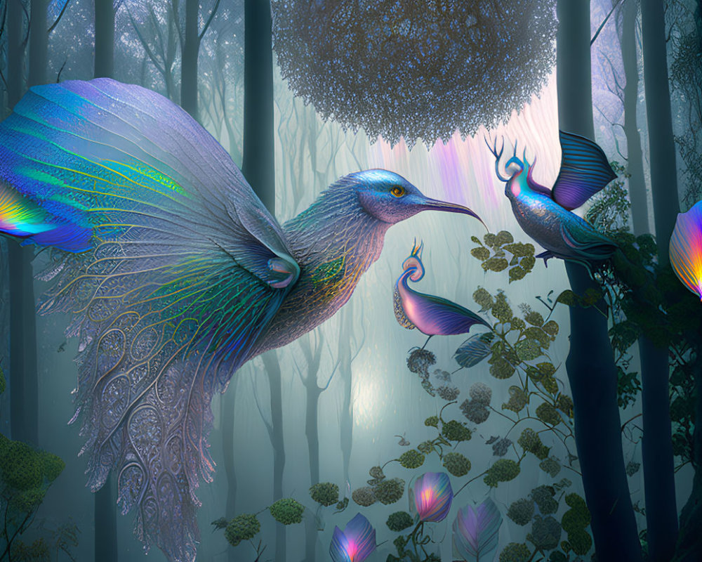 Luminescent peacock-like creatures in mystical forest scene