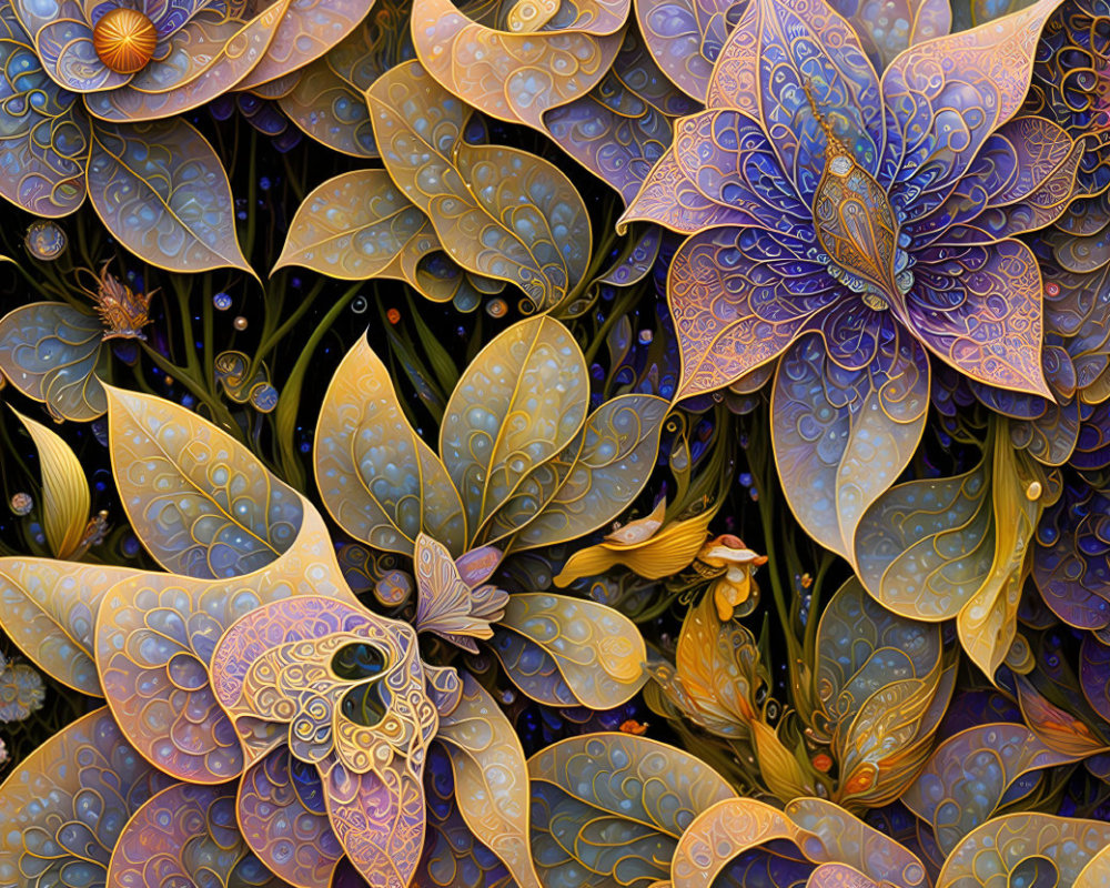 Intricate Digital Art: Ornate Gold and Blue Flower Patterns