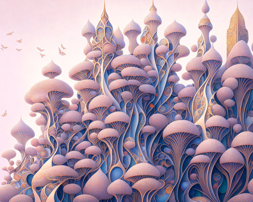 Stylized purple and blue mushroom structures with birds in dreamy sky