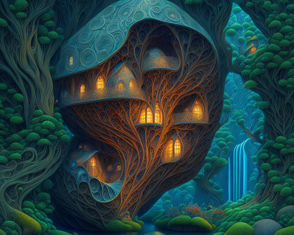 Enchanted forest treehouse with glowing windows and waterfall