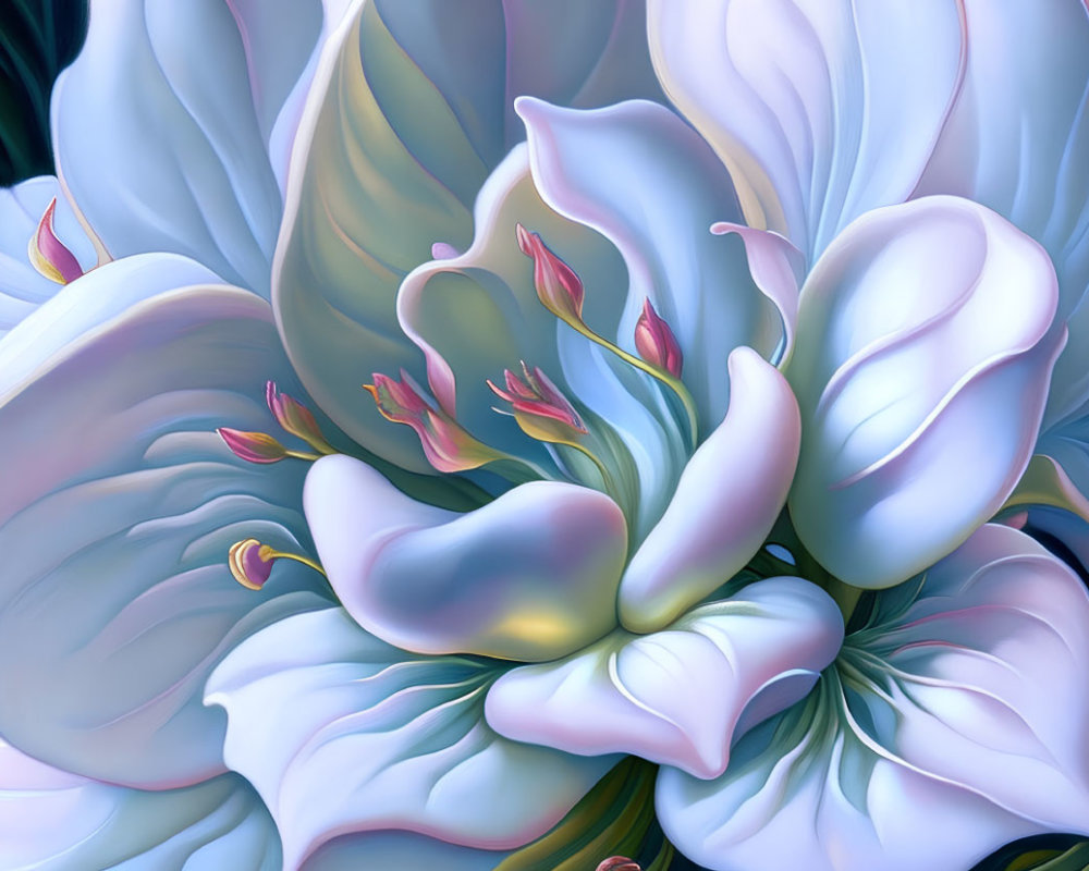Large Intricate Flower with Soft Blue and White Petals Enhanced Digitally