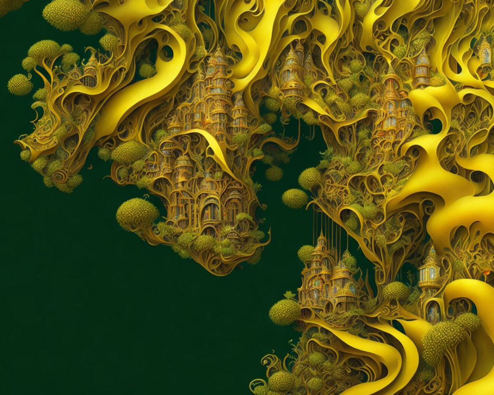 Intricate Golden Architectural Fractal on Dark Green Background