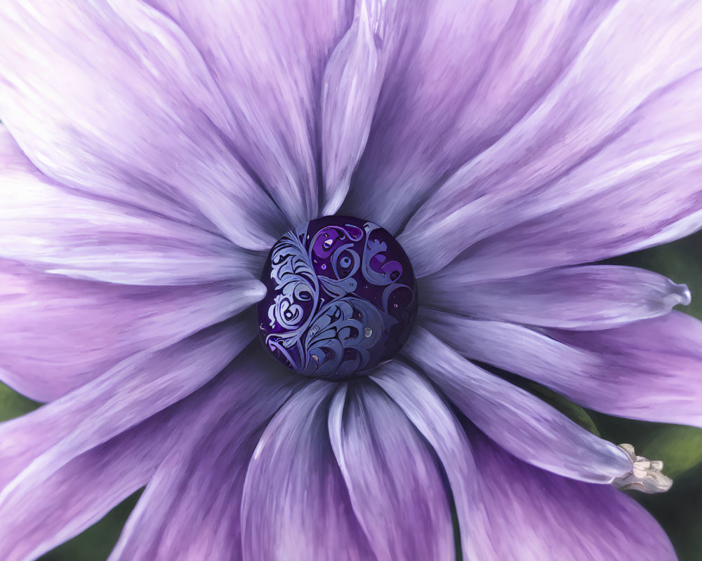Purple flower with paisley stone center on soft green background