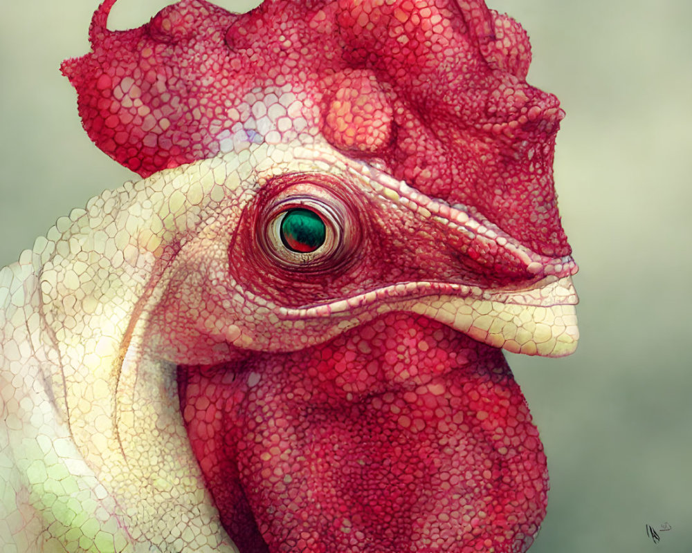 Detailed Rooster-Like Creature Illustration with Textured Red and Pink Skin & Green Eye