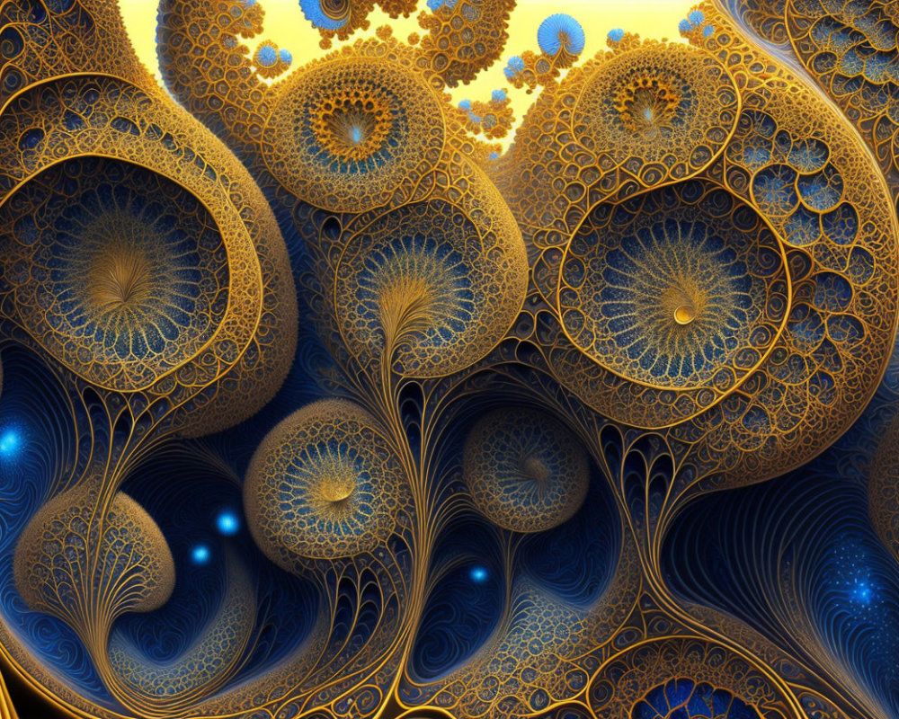 Intricate Blue and Gold Fractal Spiral and Floral Patterns