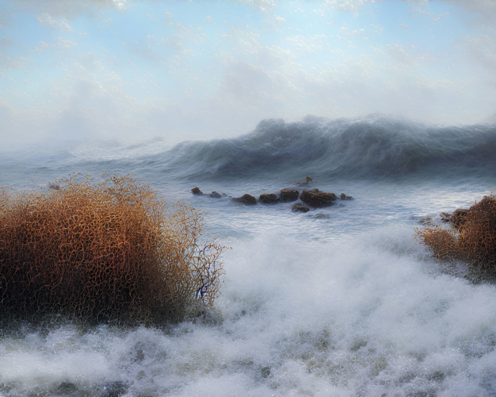 Large textured wave crashing onto shore with frothy waters and dry vegetation under cloudy sky