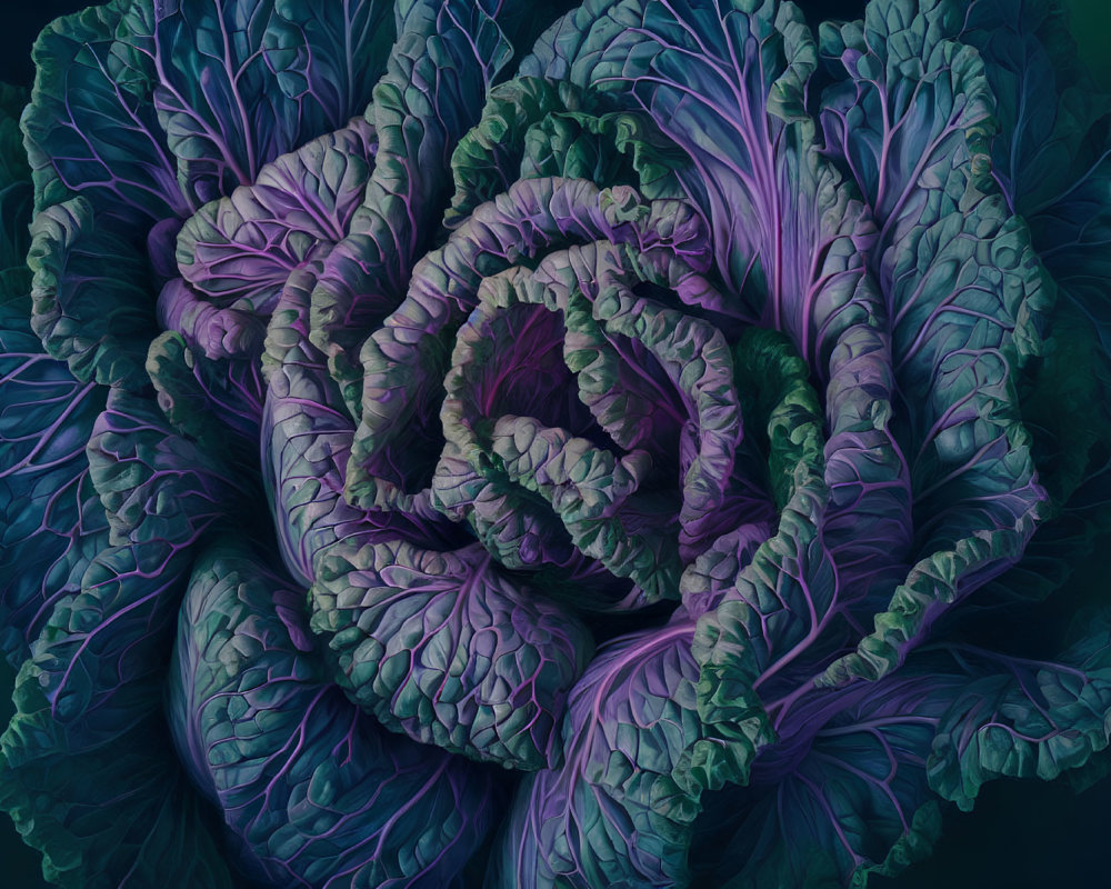 Vibrant purple and green cabbage illustration with intricate floral-like details