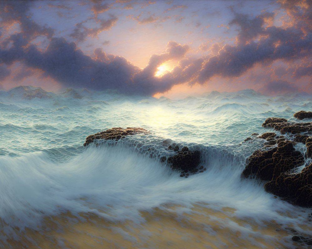 Dramatic seascape with crashing waves and sunset sky