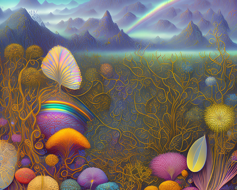 Colorful Mushroom Landscape with Trees, Mountains, and Rainbow