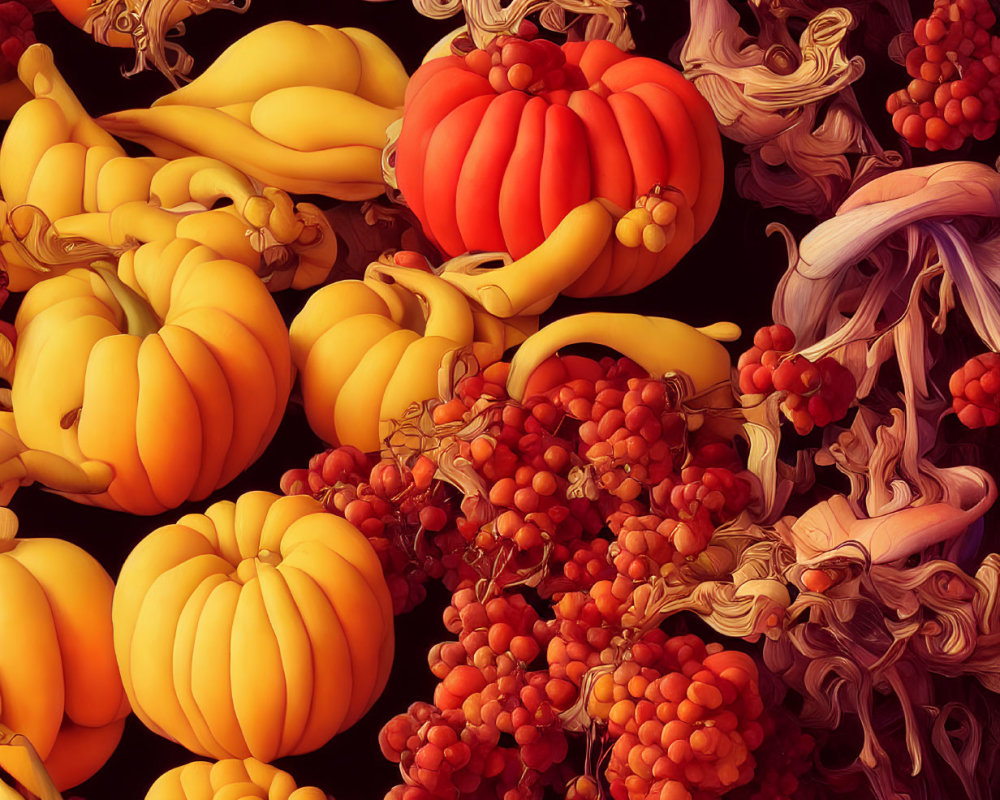 Colorful digital art featuring squashes, pumpkins, and grapes in ornate composition
