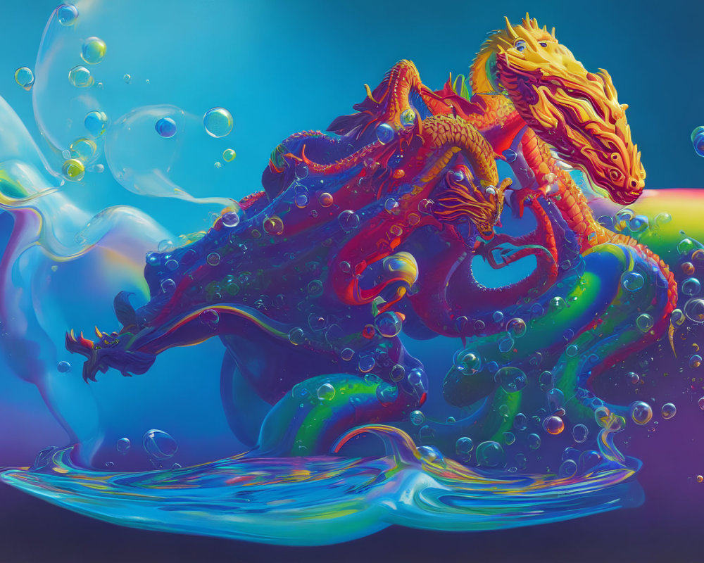 Colorful digital art: Mythical dragon merges with liquid waves, surrounded by bubbles on gradient backdrop