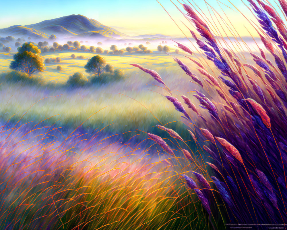 Colorful Meadow with Purple Grasses and Sunrise Hills