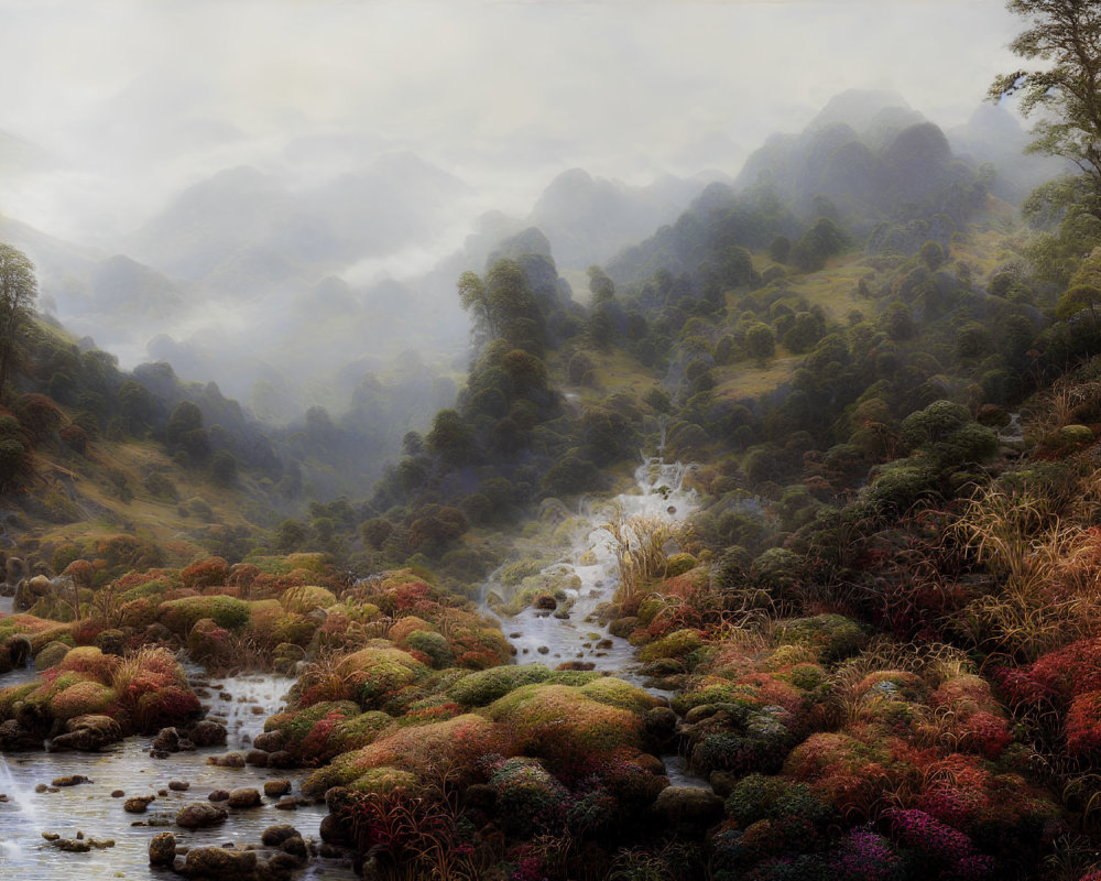 Tranquil landscape with misty hills, stream, and vibrant foliage