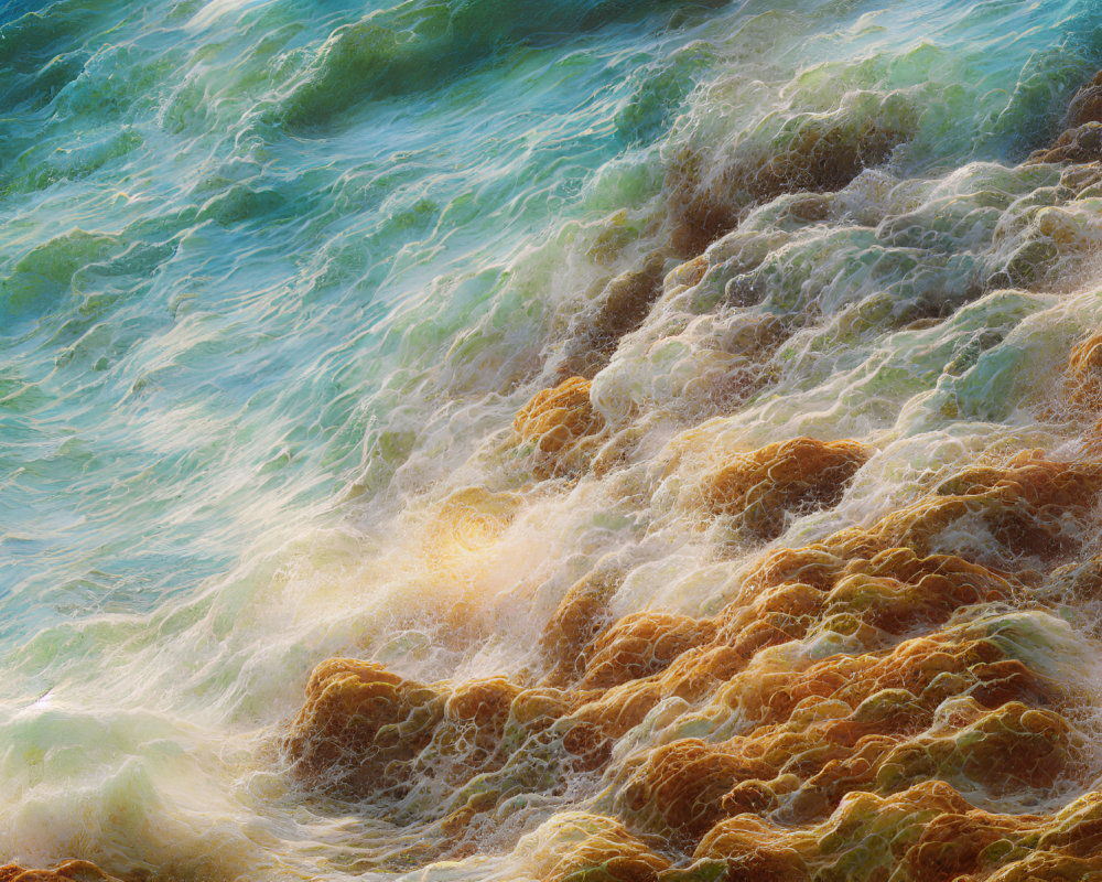 Turquoise waves crashing on rocky shoreline with white foam