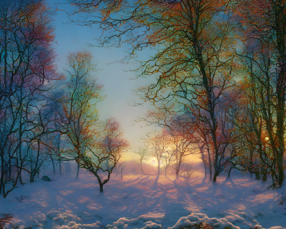 Snow-covered Winter Scene: Sunrise Shadows & Glowing Sky