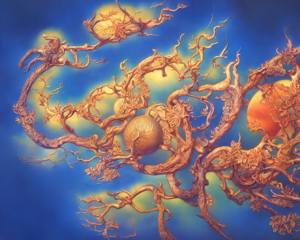 Intricate surreal tree with animal carvings on blue and golden background