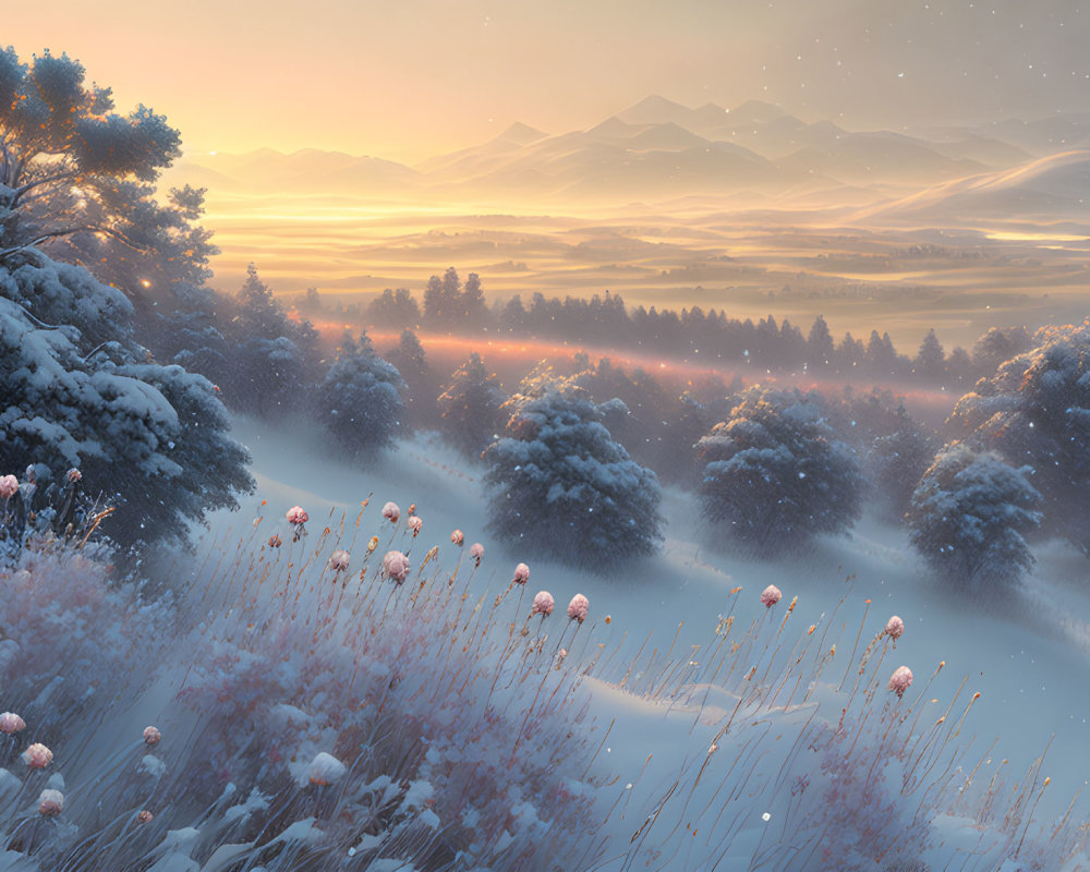 Snow-covered winter landscape at dawn with frosted plants and hills under softly lit sky