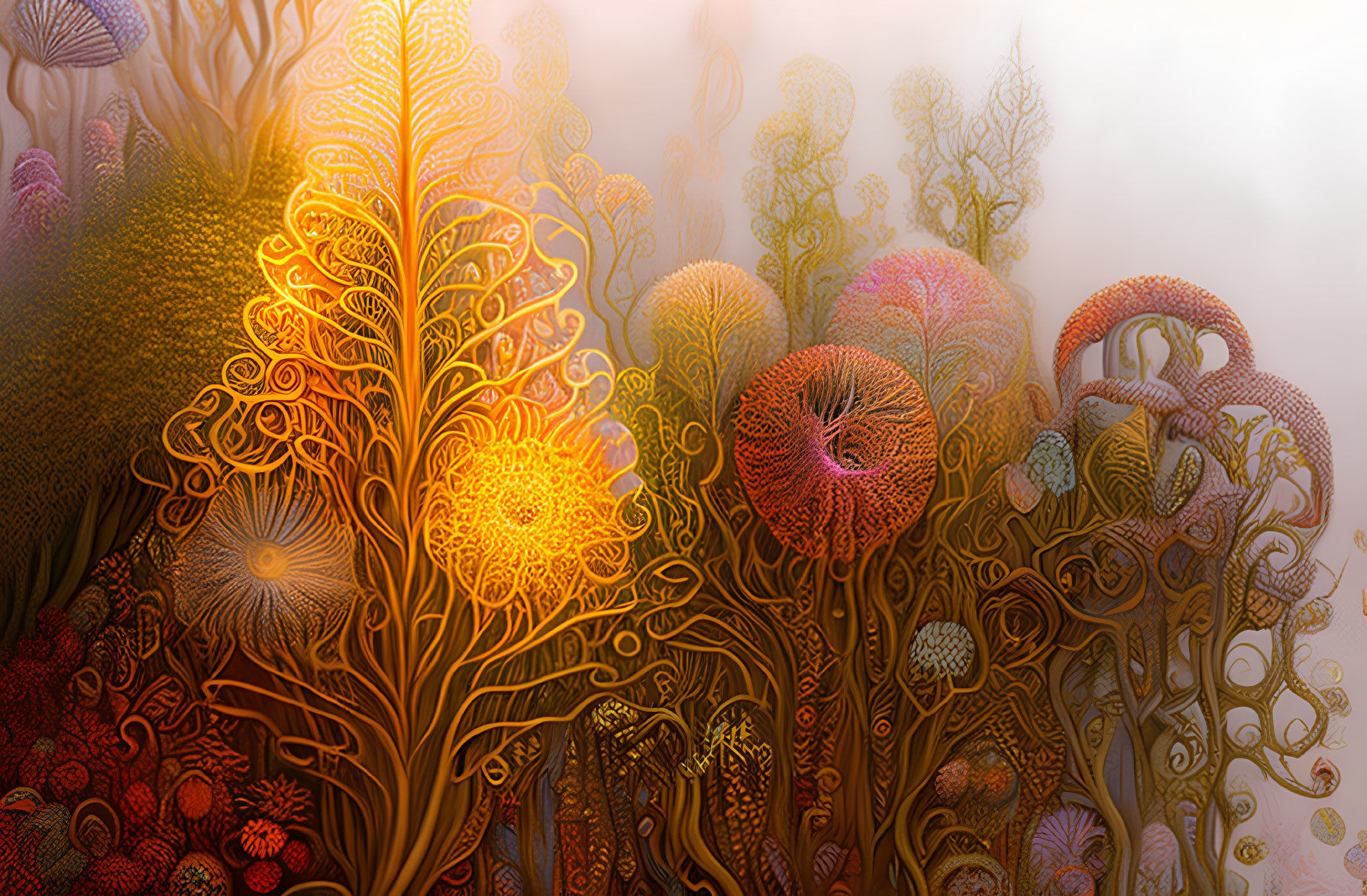 Fantastical forest digital artwork with glowing tree-like structures