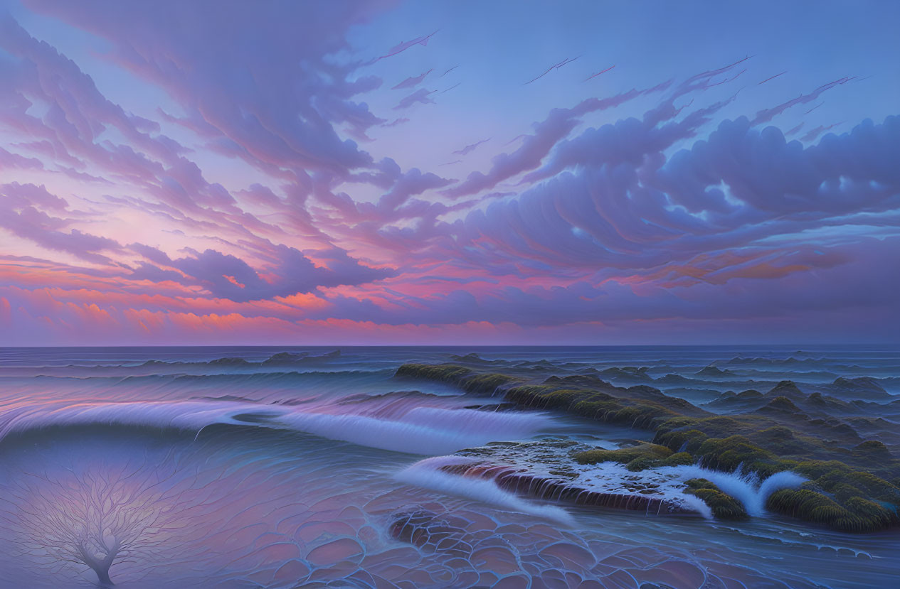 Surreal seascape with vibrant purple skies and lone bare tree