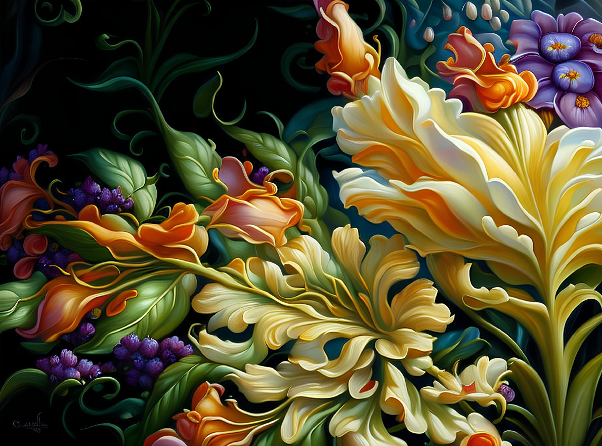 Colorful digital artwork of stylized flowers in vibrant hues on dark background