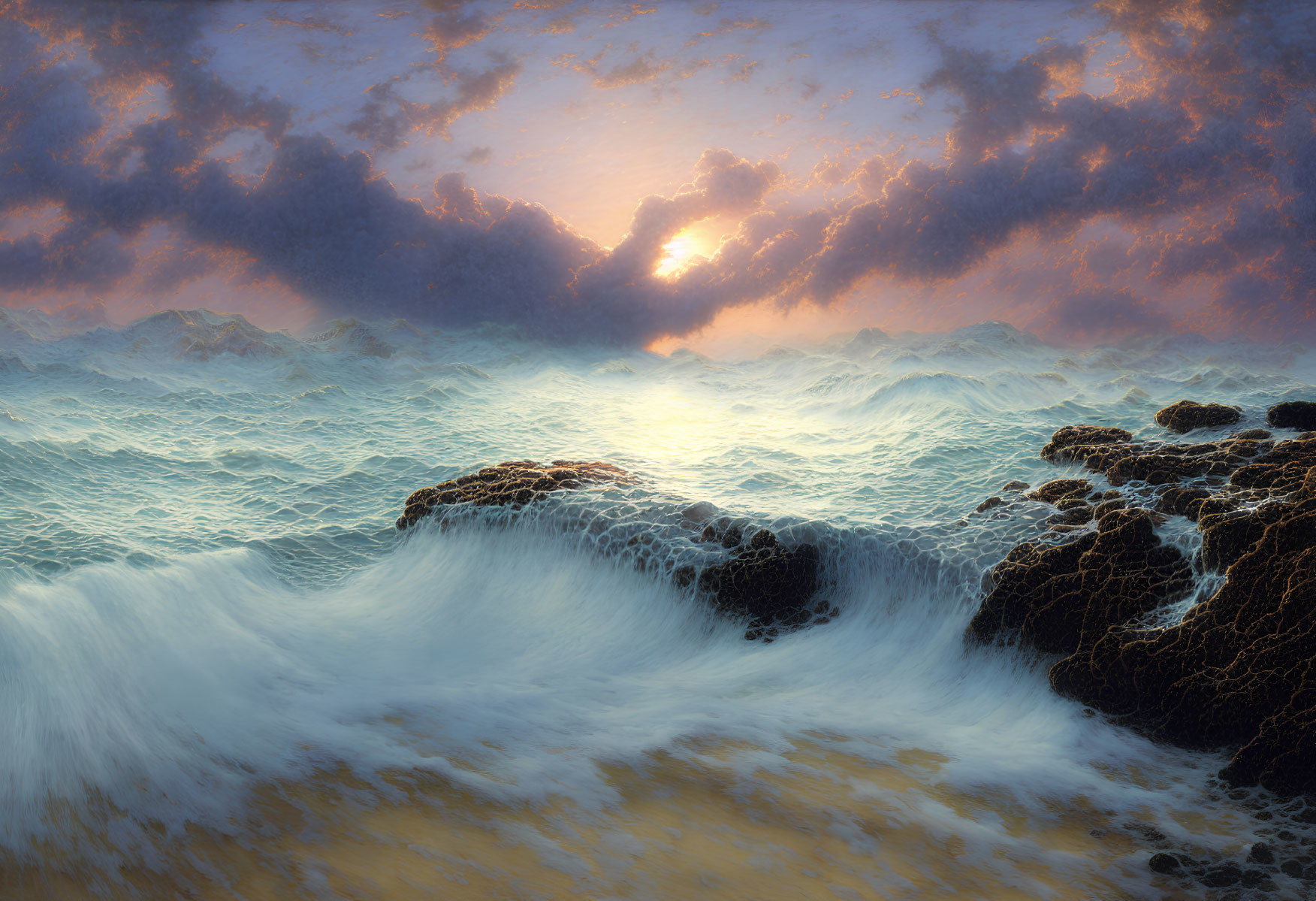 Dramatic seascape with crashing waves and sunset sky